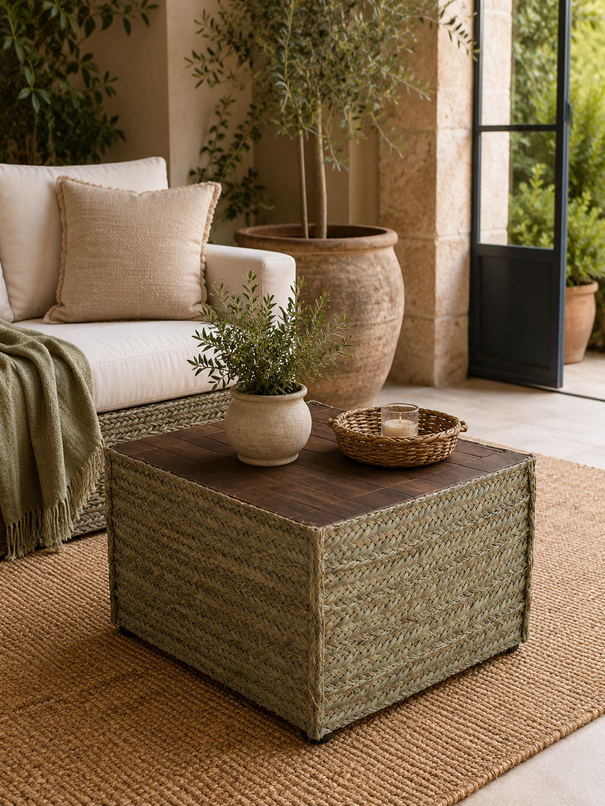 Mesa cuadrada de esparto y madera