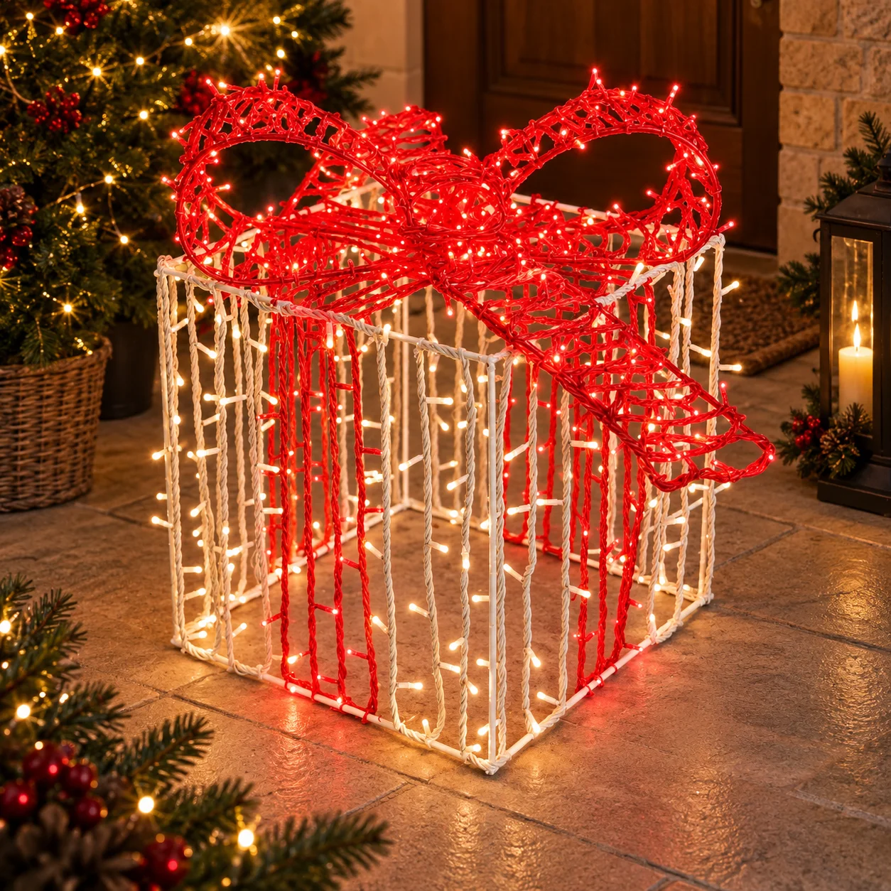 Regalo blanco con lazo rojo y luces