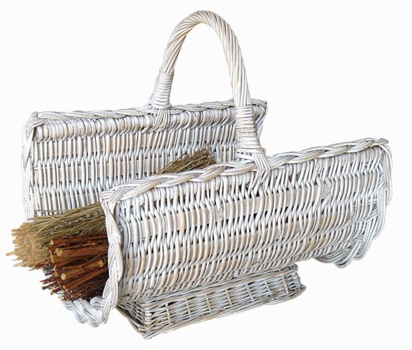 Leñera mimbre blanco decapado