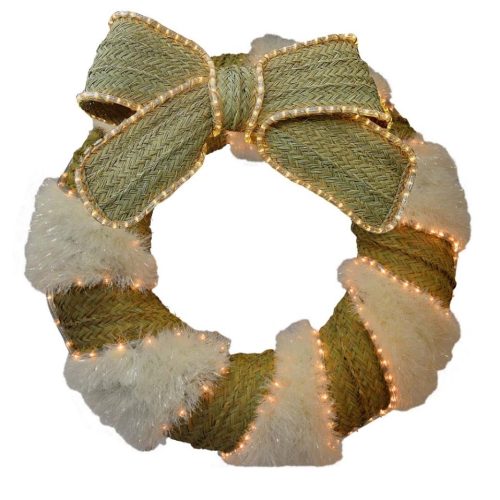 Corona espumillón y esparto con lazo y con luz