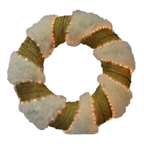 Corona espumillón blanco y esparto con luz