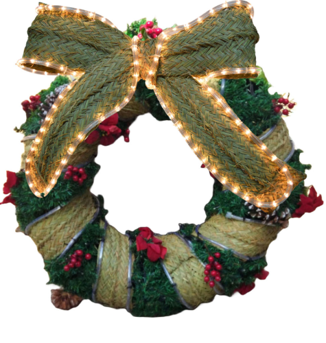 Corona navideña iluminada con lazo