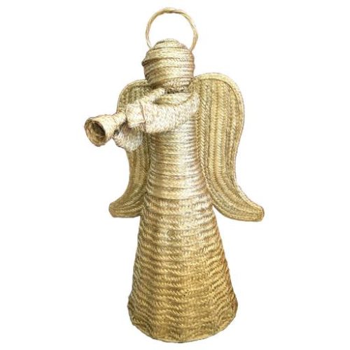 Ángel de esparto con trompeta dorado