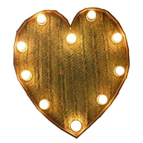 Corazón de esparto con luz y marco de madera