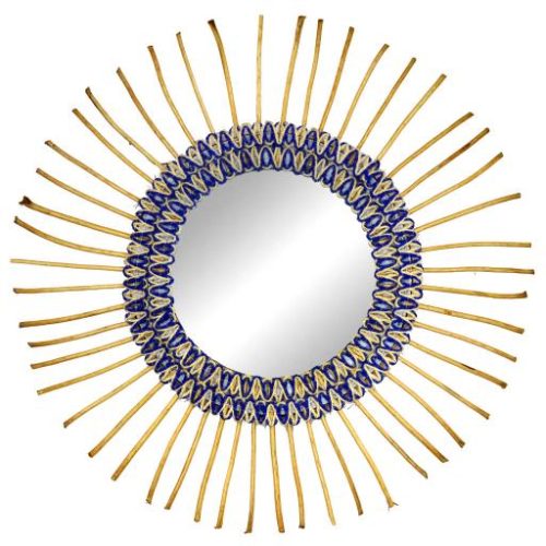 Espejo redondo de sisal azul y puntas de mimbre