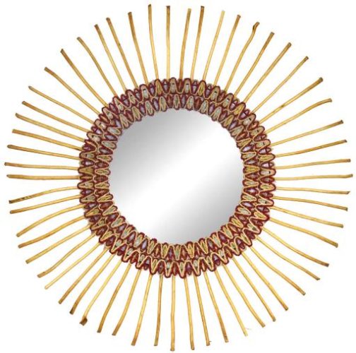 Espejo redondo de sisal rojo y puntas de mimbre