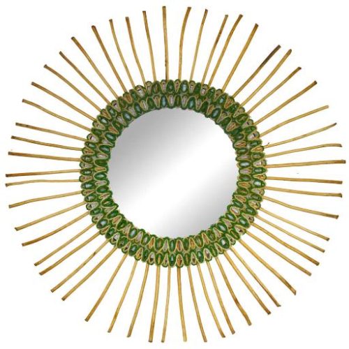 Espejo redondo de sisal verde y puntas de mimbre